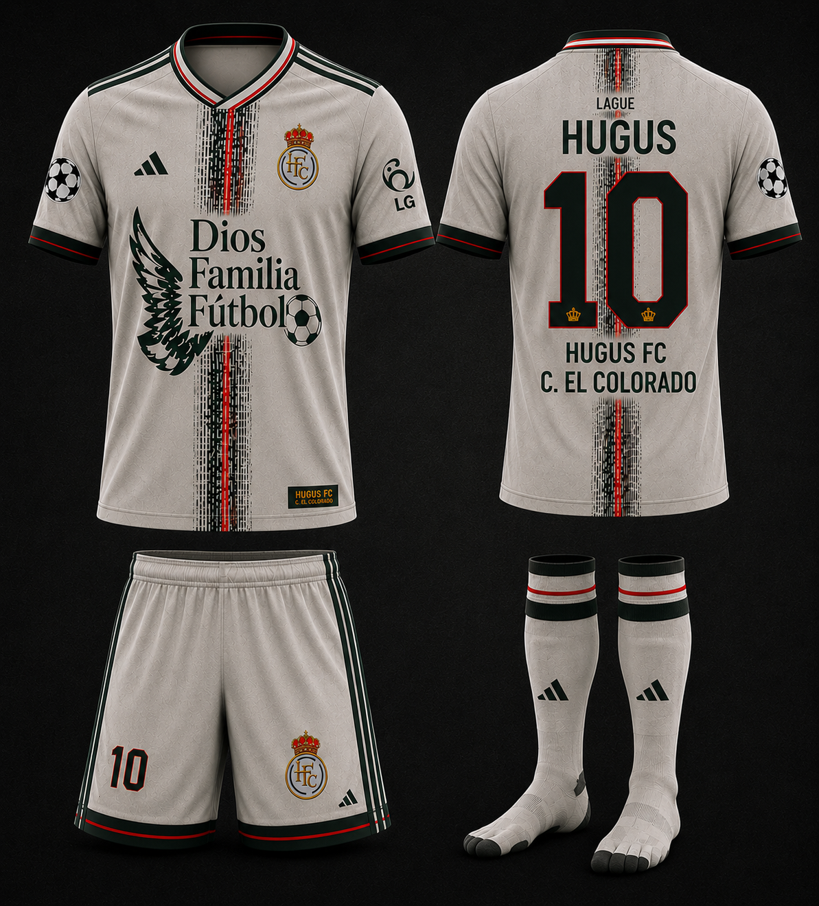 Kit Oficial HUGUS FC - Camiseta, short y medias crema con detalles verde y rojo